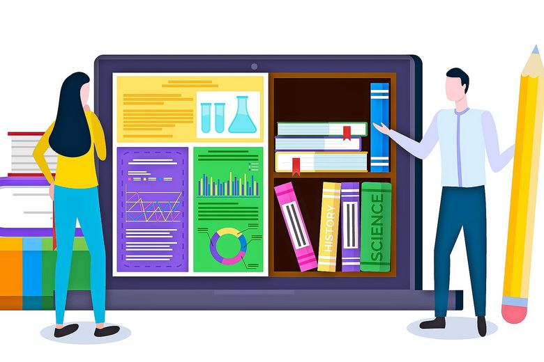 1299096885 Cartoon von zwei Figuren, die vor einem riesigen Laptop stehen. Dieser zeigt das Bild einer Bibliothek.
