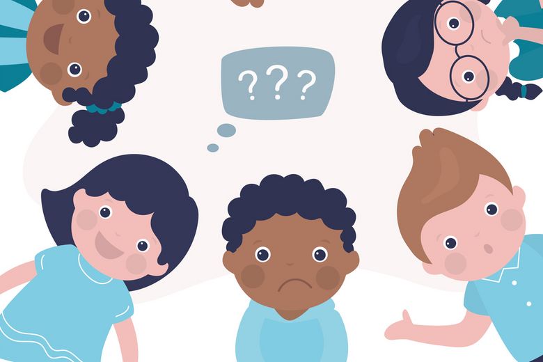 Group of multiethnic children solve problem or search answers on difficult question. Little students with different emotions. Classmates overcome learning difficulties. Schulkinder verschiedener Herkunft in unterschiedlichen Stimmungen.