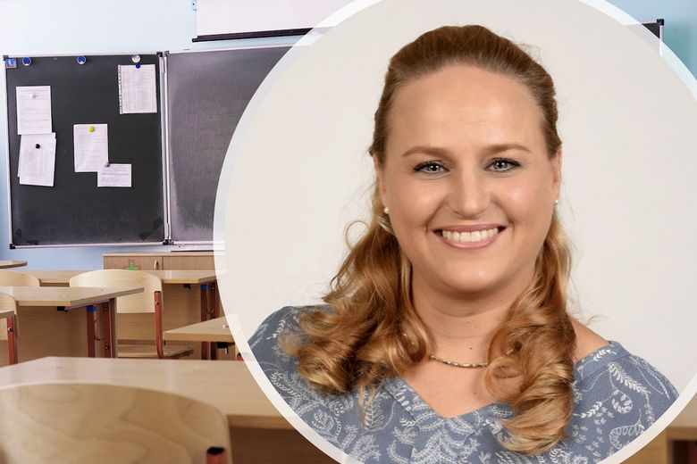 Auf einer Bildmontage verschmilzt das Porträt von Nicole Tuchbreiter mit dem Bild eines Klassenzimmers.