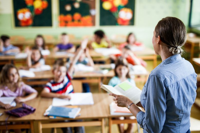 Rear view of a female elementary teacher giving a lesson in the classroom. Eine Lehrerin steht vor ihrer Klasse.