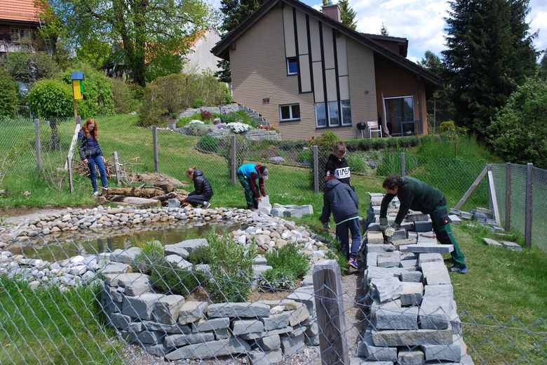 schule-wald-kinder-biodiv-3 Kinder bauen draussen an Mauern und einem Weiher.