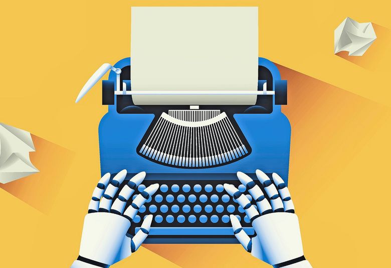 1466243153 lllustration von Roboterhänden, die auf einer Schreibmaschine tippen.