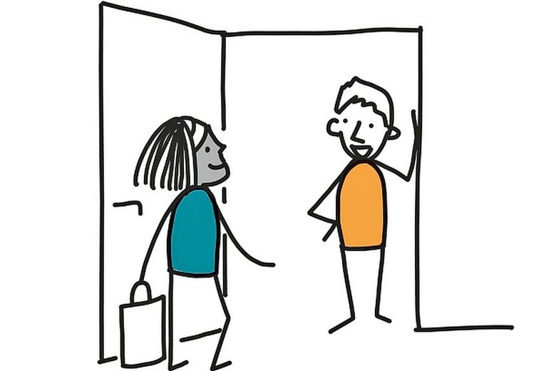 Inhalt_Aller_Eltern_Abend_1A_23_IRE.indd Zeichnung zweier Figuren. Eine ist männlich und steht im Rahmen einer offenen Türe. Vor ihm steht eine weiblich gezeichnete Figur.