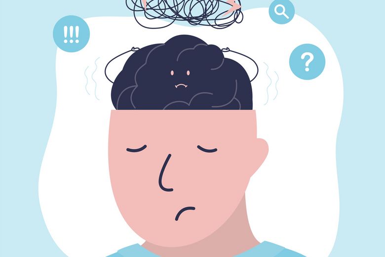 Confused, anxious and stressed brain. Character sleeping, but mind with nervous problem feels anxiety and confusion. Concept of mental disorder and chaos in consciousness. Comic mit Mann, der traurig ist, und eine Denkblase über seinem Kopf hat, in der Ausrufezeichen und Fragezeichen sind.