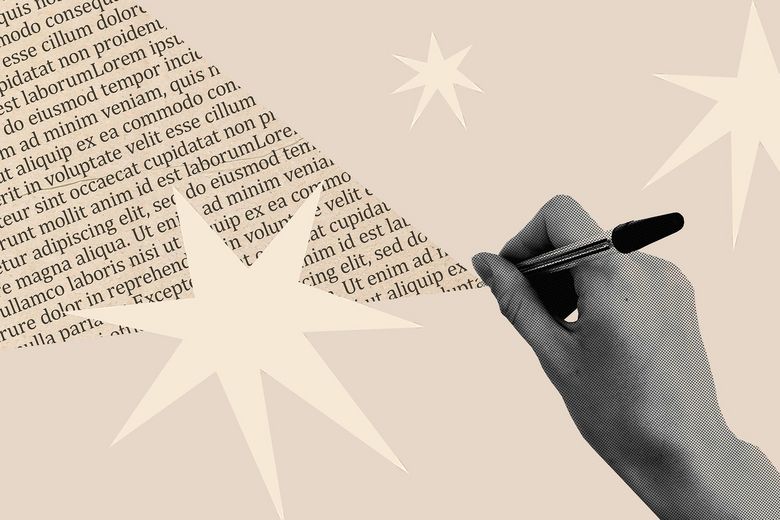 2184908256 Collage abstract picture image illustration of author hands writing pen new page textbook poetry isolated on beige drawing background