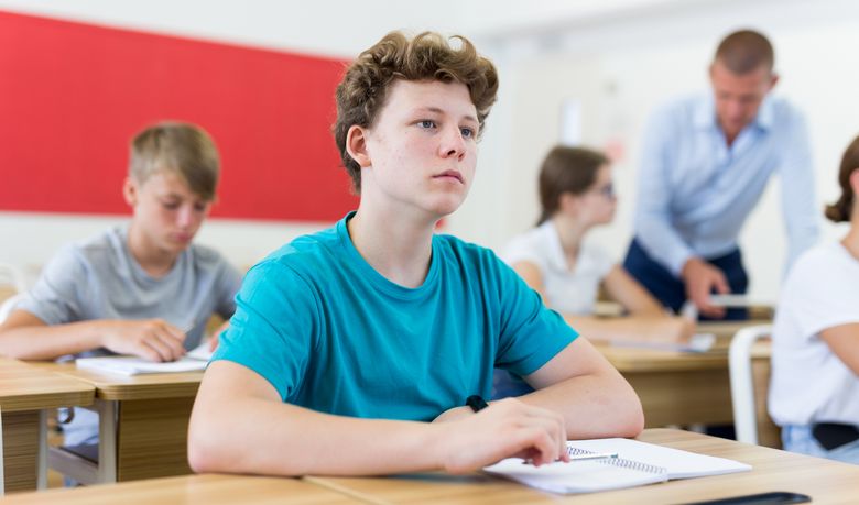 Ein Schüler an einem Pult schaut gedankenverloren vor sich hin.