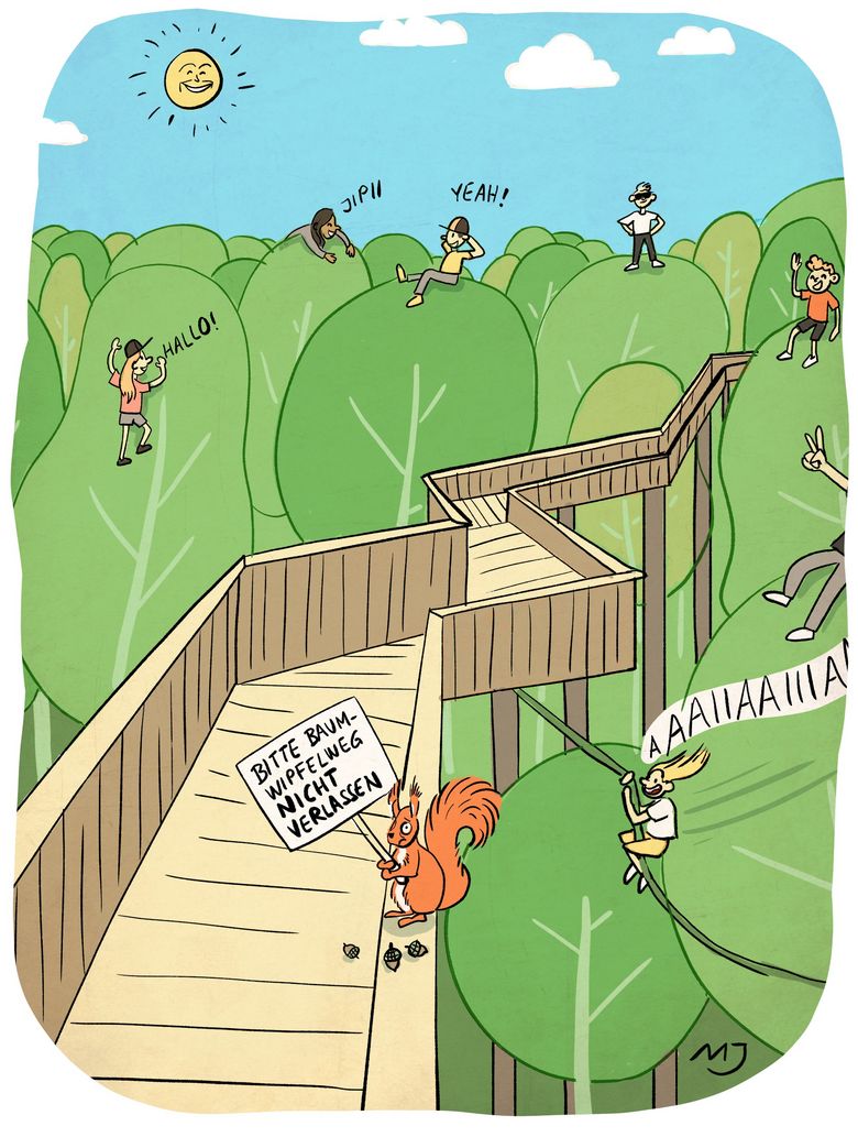 Ein Cartoon zeigt Schülerinnen und Schüler, die auf Bäumen herumturnen.