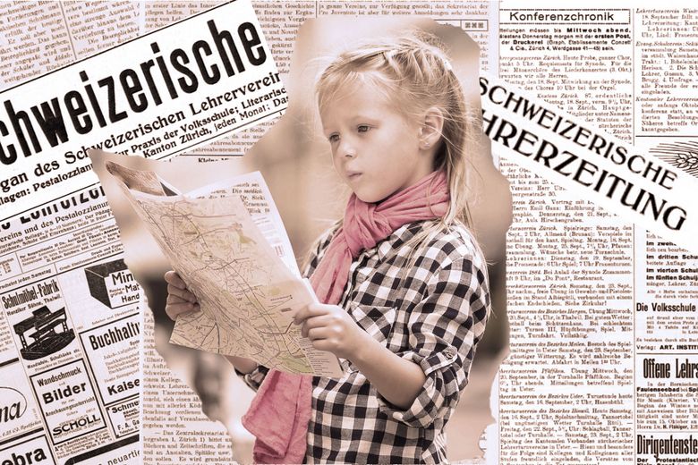 Zeitungscollage zeigt ein Mädchen, das eine Landkarte liest.