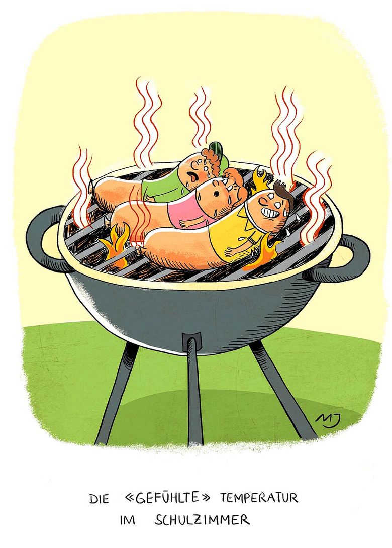 Cartoon: Auf einem Grill braten drei Würstchen mit Kindergesichtern in der Hitze.