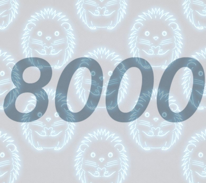 Auf dem Foto ist die Zahl 8000 zu sehen. Im Hintergrund leuchten blaue Igelfiguren.